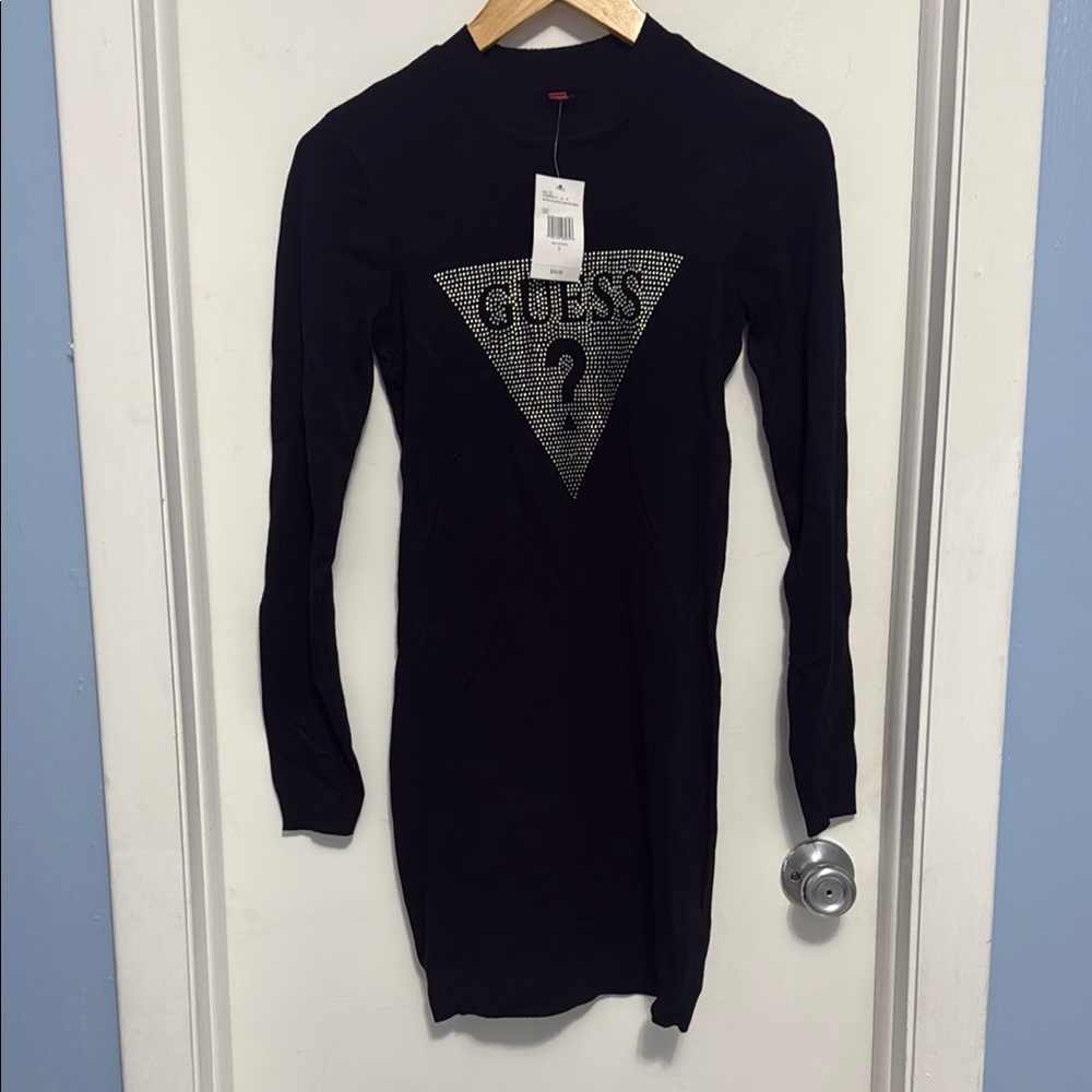 GUESS Black Crystal Logo Sweater Dress